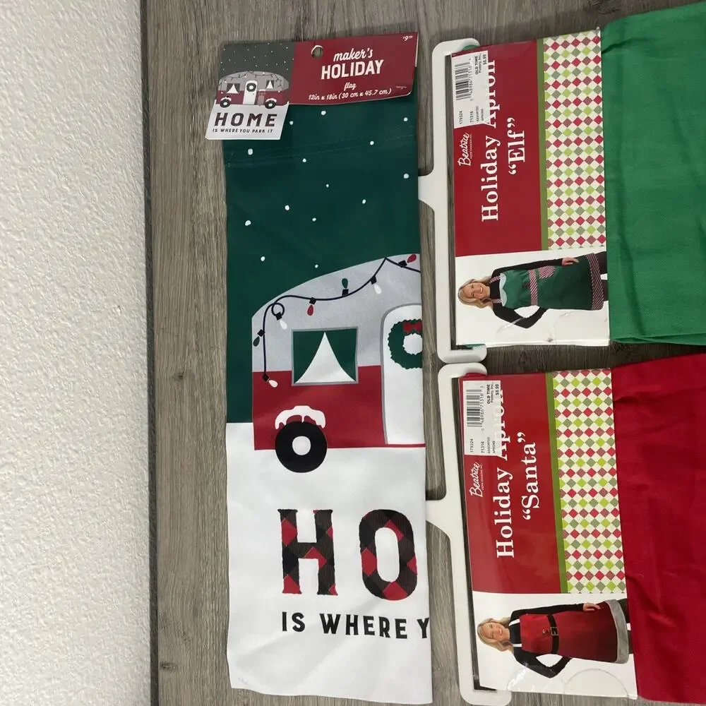 NWT 3pc Christmas Bundle Santa & Elf Aprons + Maker’s Holiday Camper Garden Flag